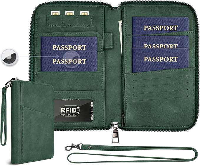 Family Passport Holder Wallet RFID Travel Document Organizer for Women Men, Portable Case Cover for Cards, Boarding Pass with Wrist & Neck Double Strap, Travel Christmas Gifts (Apricot, 1pack)