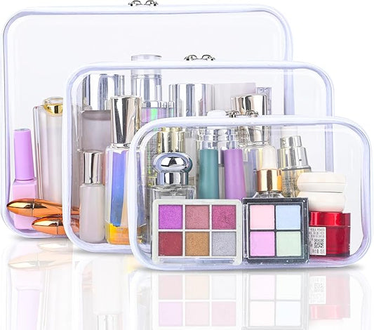 Clear Hard Shell Zipper Case Set of 3 – Waterproof Transparent Makeup and Toiletry Organizers, Multi-Purpose PVC Pouches for Travel, Cosmetics, Diaper Bags, Kids Toys & Office Supplies (SML)