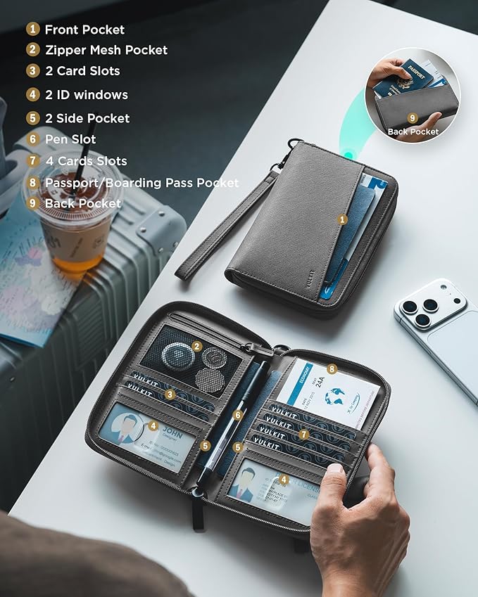 VULKIT Leather Passport Wallet RFID Blocking with Wrist Strap, Travel Document Organizer - 6 Credit Card Slots, 2 Interior + 2 Exterior Passport Slots, 2 ID Windows, Zipper Closure, Grey
