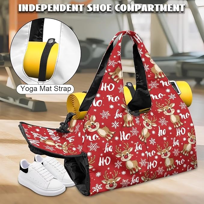 Christmas Reindeer Cute Gym Bag for Women with Yoga Mat Holder Sports Weekender Bags with Shoe Compartment Mini Duffel Bag for Travel Carry On Stylish Christmas Bag, Red