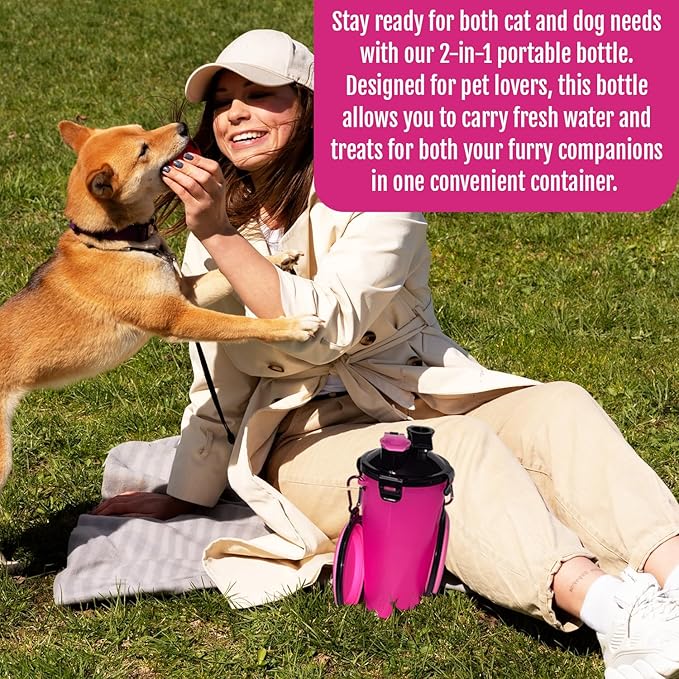 Dog Travel Water Bottle W/Collapsible Bowls - Portable 2 in 1 Leakproof Pet Water Bottle Food Container Ideal for Travel, Outdoor Portable Water Bowls for Walking, Camping & Hiking - (Pink)