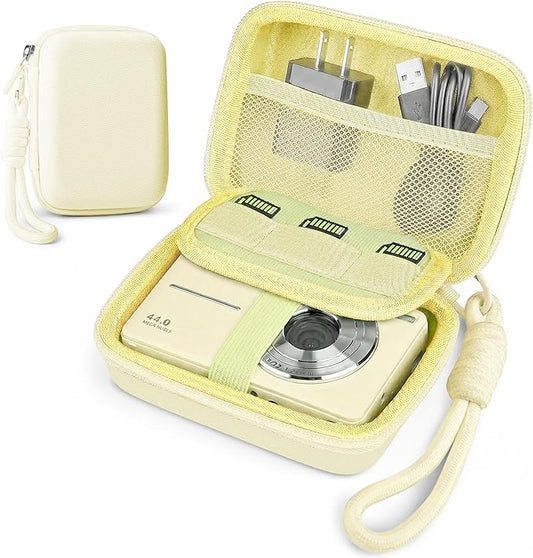 Digital Camera Case for CAMKORY/KODAK PIXPRO FZ45/FZ55/Canon IXUS 285 HS/AbergBest/Sony DSCW800/DSCW830 - Small Travel Compact Camera Holder with Mesh Pocket for SD Card & Accessories (Pale Yellow)