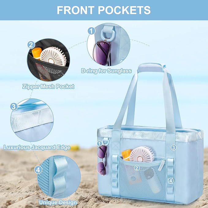 Yarwo Beach Bag for Women, Sandproof Swim Tote Bag with Cooler Compartment and Wet & Dry Pockets for Pool Cruise Vacation
