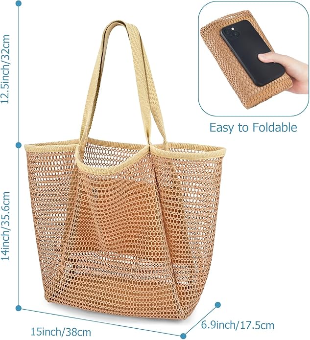 Iioscre Beach Bag for Women, Causal Hobo Pool Bags with Zipper Inner Pocket, Foldable Swim Tote Bag for Vacation Essentials