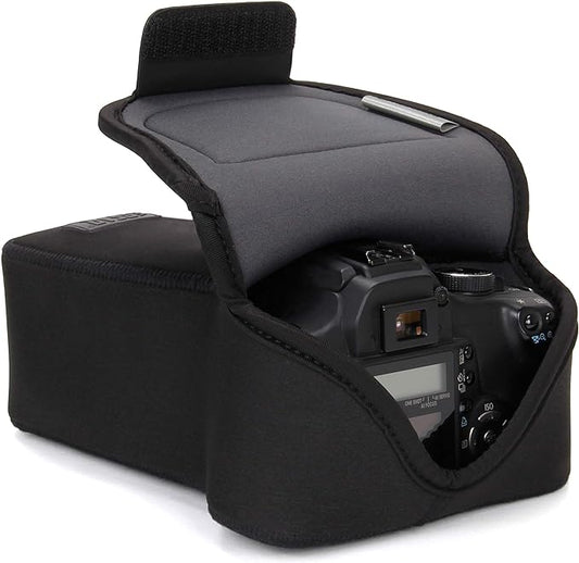 USA Gear Camera Sleeve (Zoom) for Compact SLRs with Lens Compatible with Canon EOS R100 Nikon Z30 Sony ZV-E10, and more - Padded Neoprene DSLR Case with Accessory Pocket & Belt Loop (Black)