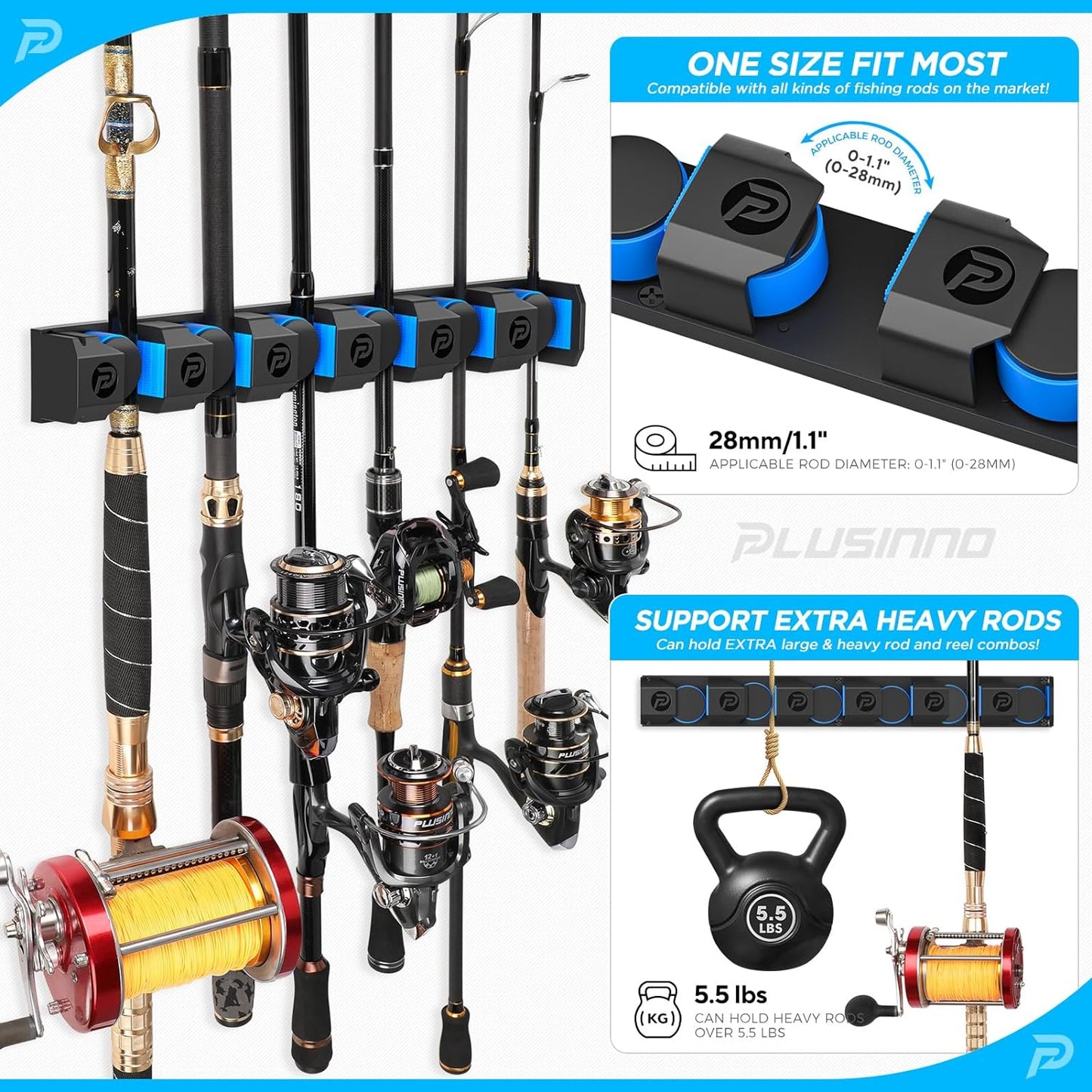 PLUSINNO Fishing Gifts for Men - V6 Vertical Fishing Rod/Pole Holders, Support Extra Large & Heavy Fishing Rod Combos, Fishing Rod Holders for Garage, Wall Mounted Fishing Rod Rack Storage