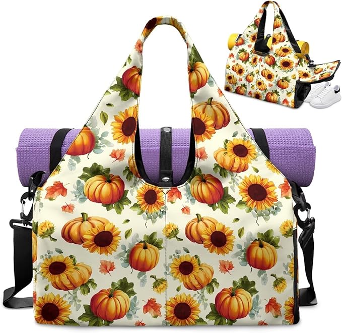 Autumn Sunflower Pumpkin Duffle Bag for Gym Sports Women Carry On Weekender Bag with Shoe Compartment for Yoga Travel Hiking Duffel Overnight Weekender Fall Thanksgiving Decor Gifts