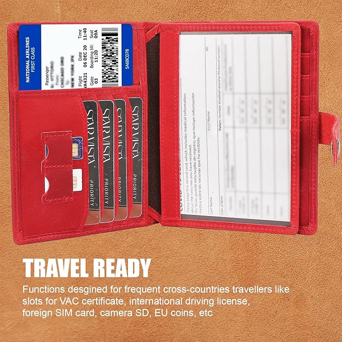 STAR VISTA Cosimo Leather Passport Holder for Exquisite Voyagers or Pilots, Transparent Windows for Travel Document & Dual IDs, RFID Blocking, 2 Passports, 2 IDs, 8 Cards, AirTag Slots, Crimson