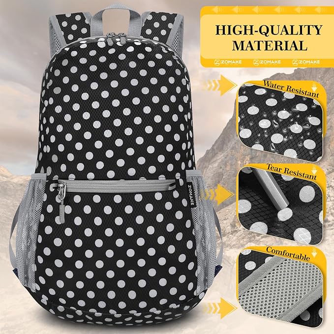 ZOMAKE Ultra Lightweight Hiking Backpack 20L, Packable Small Backpacks Water Resistant Daypack for Women Men(Black，White polka dots)
