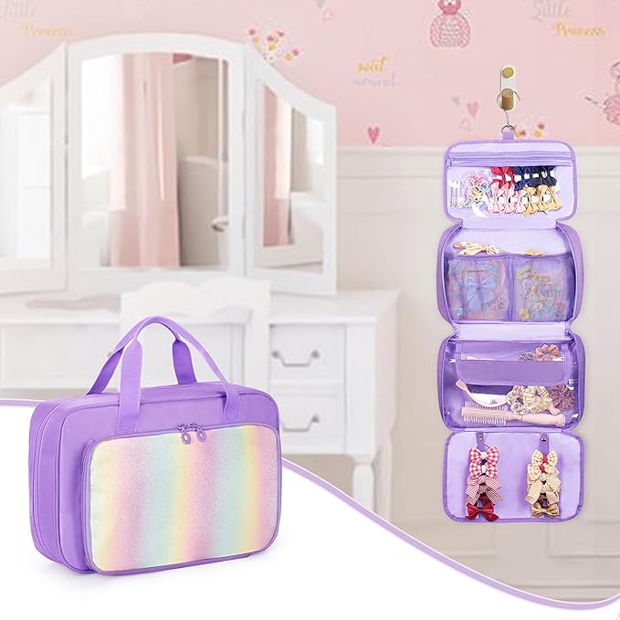 Hanging Hair Accessories Organizer, Bow Holder for Bay Girls, Travel Hair Storage Hook Bag For Clips, Ties, Headbands, Scrunchies, Purple