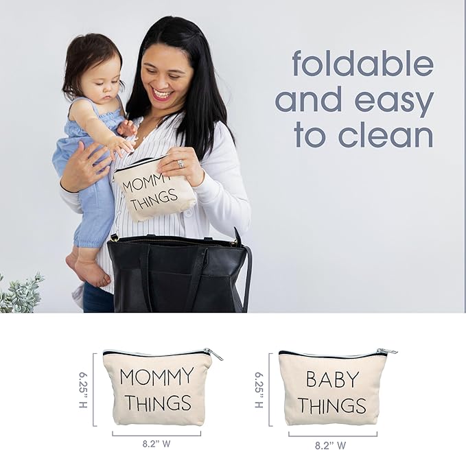 Pearhead Mommy and Baby Things Pouch Set, Canvas Zipper Organizer Bags for Diaper Bag and Travel, Cosmetic and Makeup Bag for Mom