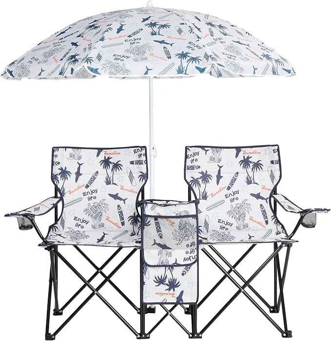 Double Folding Camping Chair W/Umbrella Fold Up Table Beverage Holder Carrying Bag Cooler for Patio Pool Park Outdoor Beach, Picnic, Portable (Coconut)