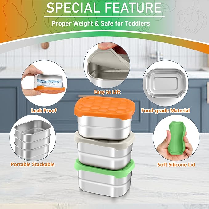 HaWare 8 oz Stainless Steel Snack Containers for Kids, Leak Proof Food Storage Containers with Colorful Silicone Lids, Small Metal Lunch Box for Daycare and School- 3 Packs