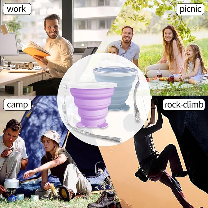 2 Pcs Collapsible Cups, Silicone Collapsible Travel Cup, Expandable Folding Camping DrinkingCup with Lids Reusable Small Portable Mugs-Cup for Travel, Camping, Hiking,Outdoor Sports (Purple&Blue)