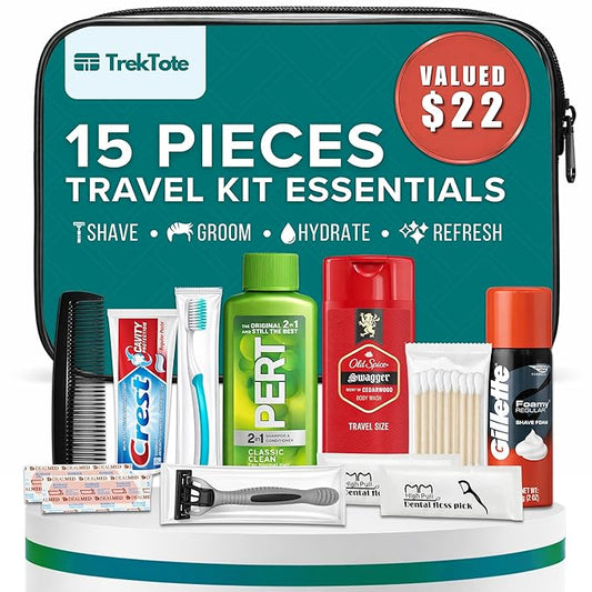 TrekTote 15 Piece Set Men’s Travel & Hygiene Kit with Clear Toiletry Bag, Grooming & Personal Care Essentials, Single Kit or Bulk Case Packs