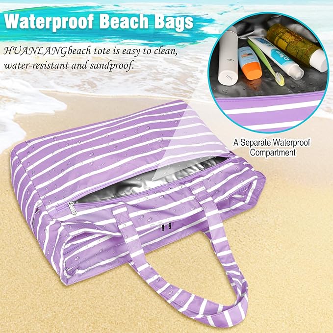 HUANLANG Extra Large Beach Bag Waterproof Beach Totes Bags for Women Men,Pool Bag with Zipper Wet Pocket