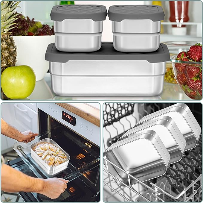 HaWare 8oz*2+25oz Stainless Steel Lunch Box for Kids, Leak Proof Lunch Containers with Silicone Lids, Easy Open Food Storage Container for School and Daycare, Portable Metal Bento Box, Dishwasher Safe