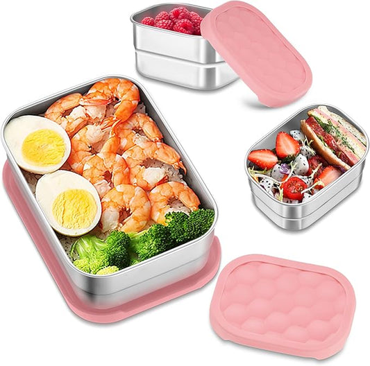 HaWare 8oz*2+25oz Stainless Steel Lunch Box for Kids, Leak Proof Lunch Container with Silicone Lids, Easy Open Food Storage Bento Box for School and Daycare, Dishwasher Safe