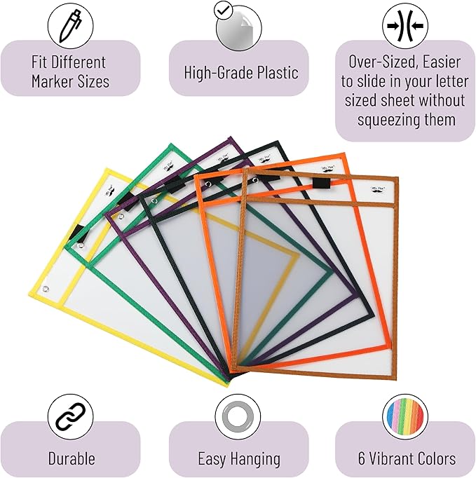 Mr. Pen Dry Erase Pocket Sleeves, 6 Pack, 10x14 inches, Multicolored Border, Plastic, Reusable Dry Erase Sheet Protectors