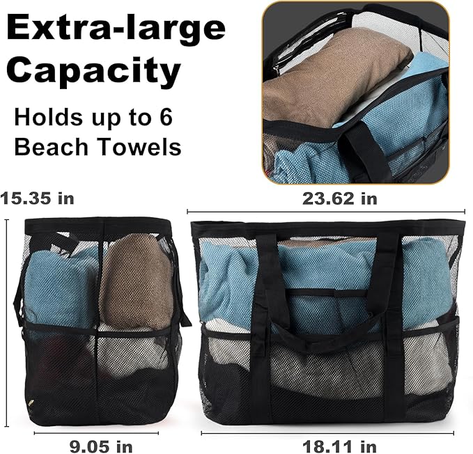 Mesh Beach Bag,Large Beach Bags for Women with 8 Pockets,Packable Tote Bag for Beach Cruise Pool Vacation Essentials