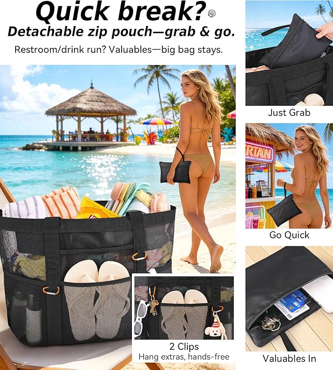2026 Chic & Spacious XX-Large Beach Bag for Women — Mesh × Canvas Tote with Top Zipper, 11 Pockets, Detachable Pouch | 40L+ Spacious, 11 Tall Pockets, Zipper Pouch, Secure Zip-Top, Sand-Resistant Base