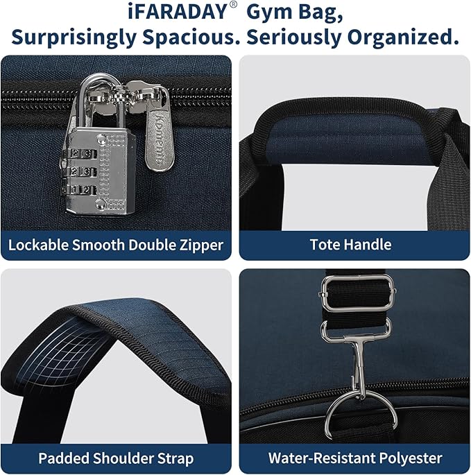 iFARADAY 52L Men's Gym Bag with Shoe Compartment - 24-inch Duffle Bag for Travel, Sports, Fitness & Workout (Navy Blue)