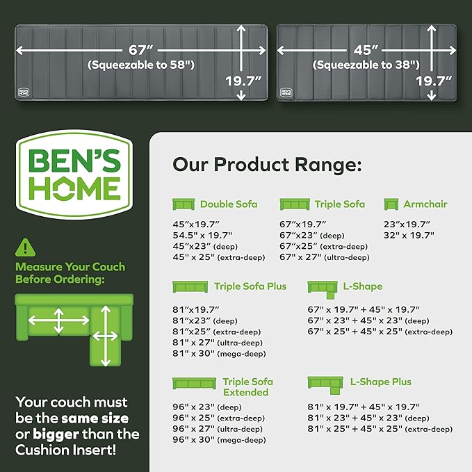 BEN'SHOME® Heavy Duty Sectional Couch Support Board for Sagging Sofas | Fits 67"+45" L-Shape, 19.7" Deep | Protects Your Back from Sinking Seats | 0.5" Solid Wood, 400 LBS, Lifetime Replacement