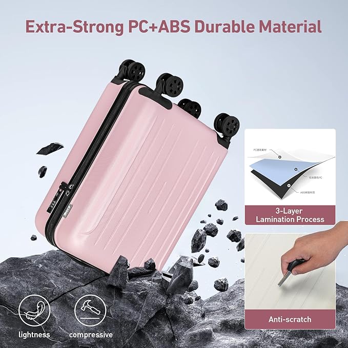 KYME Carry On Luggage Sets 3 Piece 20 Inch Suitcase Set with Duffel Bag ABS+PC Hardshell Travel Luggage with Spinner Wheels TSA Lock (Pink, 3Pcs Set)