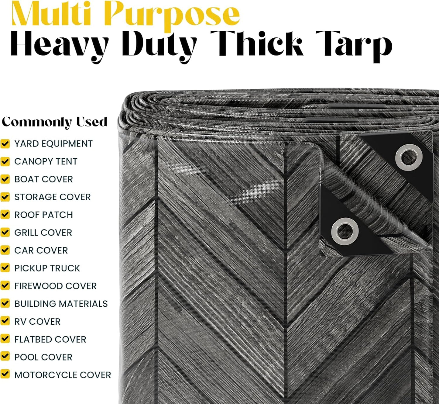 Core Tarps Extreme Heavy Duty 20 Mil Tarp Cover, Waterproof, UV Resistant, Rip and Tear Proof, Poly Tarpaulin with Reinforced Edges for Roof, Camping, Patio, Pool, Boat (Grey Wood/Black 8′ X 10′)
