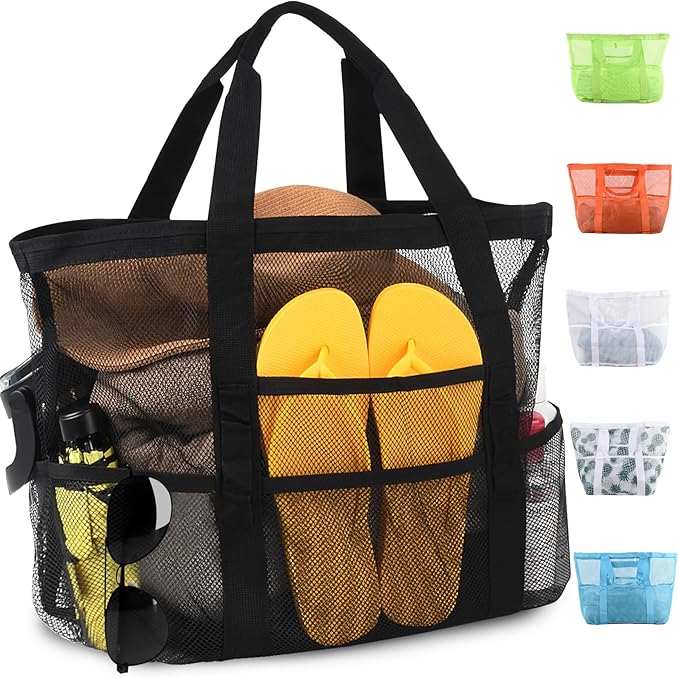 Mesh Beach Bag,Large Beach Bags for Women with 8 Pockets,Packable Tote Bag for Beach Cruise Pool Vacation Essentials
