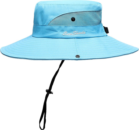 Womens Summer Sun Hat Beach Hat Wide Brim Outdoor UV Protection Hat Foldable Cool Mesh Ponytail Bucket Hat