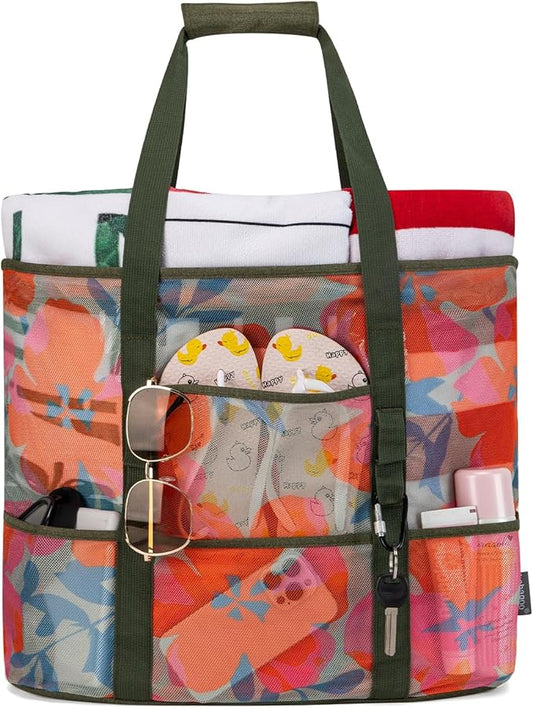 KABAQOO Mesh Beach Bag, Extra Large Beach Bags with 9 Pockets & Zipper Waterproof Lightweight Beach Tote for Beach/Pool Trip | Extra Large, 9 Pockets, Zipper, Waterproof, Lightweight, Beach/Pool Trip