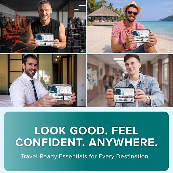 Trektote 12 Piece Men’s Travel Hygiene Kit with Toiletries & Grooming Essentials, TSA-Compliant, Clear Cosmetic Bag - Single or Bulk Packs