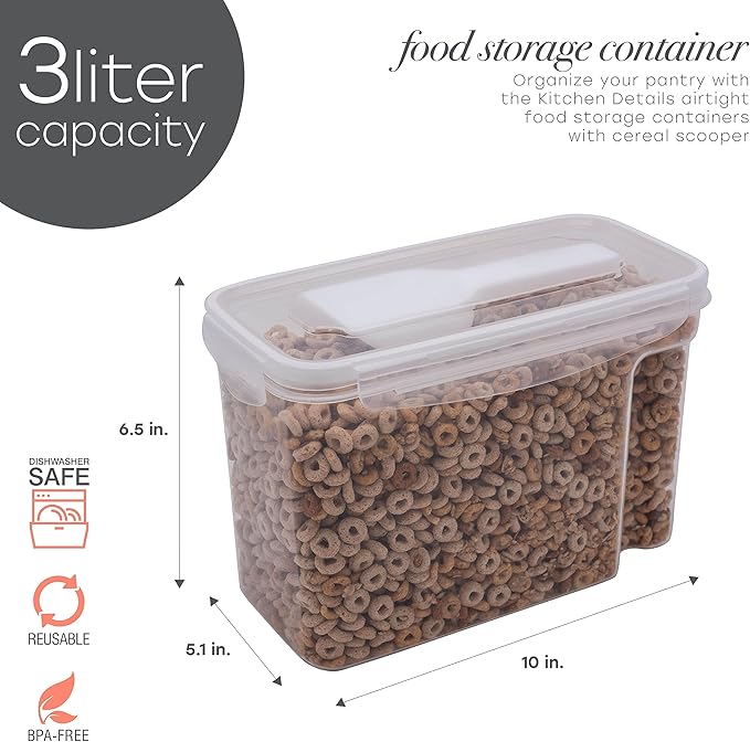 Kitchen Details Cereal Container with Scooper | Medium | Airtight | Food Tin | Keeps Fresh | Kitchen & Pantry Storage Organizers | Clear