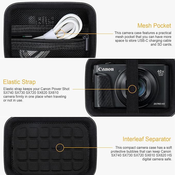 RAIALL Carrying Case for Canon PowerShot SX740/ SX730/ ELPH 360/ SX720/ SX710/ SX610/ SX260 HS Digital Camera, Vlogging Camera Travel Hard Bag, Mesh Pocket for Battery, SD Cards and USB Cable, Black
