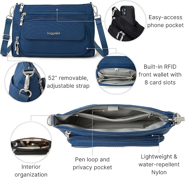 Baggallini Original Everyday 11x7.5 Crossbody Bags Rfid Protected Lightweight Nylon Zippered Travel Purse