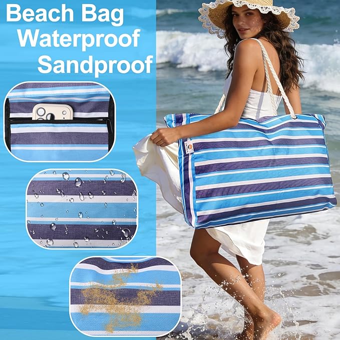 CaCTOUR Large Beach Bag Women,Beach Bags Waterproof Sandproof with Zipper Wet Pocket,Beach Tote Pool Bag for Swim Gym Travel