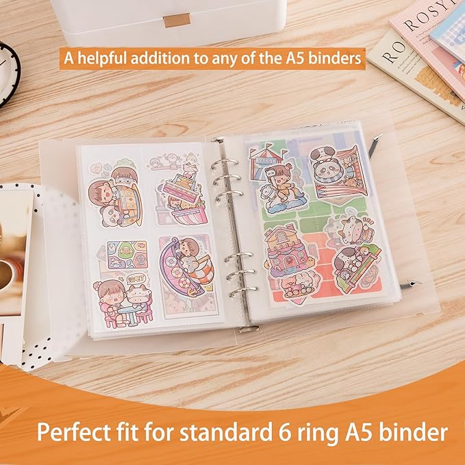 30pcs Pocket Sleeves for A5 6 Ring Binder, 4-Pocket Double-Sided Sheets Inserts Refill Pages for Kpop Photo Cards, Savings Challenges, Sticker Collecting Album Binder (90 Micron Thickness per Layer)
