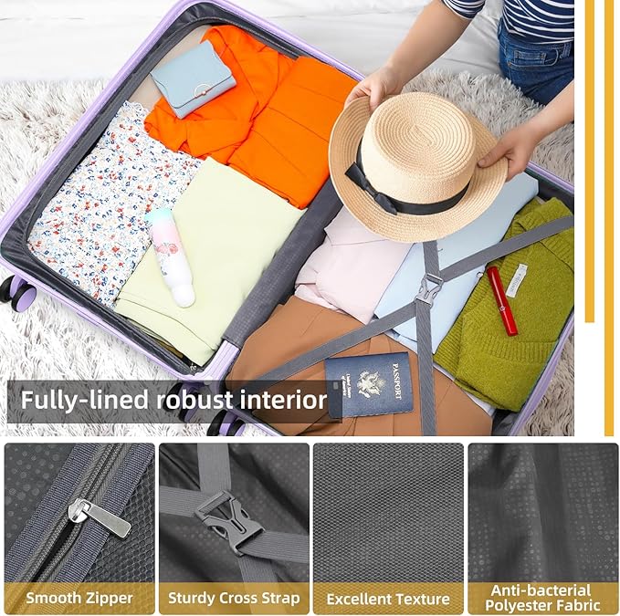 LARVENDER Luggage Sets 3 Piece, Hardside PP Carry On Suitcase with 360° Spinner Wheels TSA Lock Luggage Sets for Women, Lavender