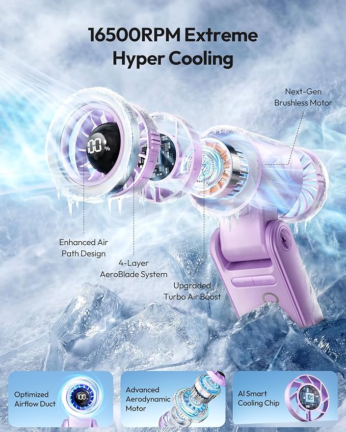 Gaiatop Portable Handheld Turbo Fan, 21 Hrs Cooling, 180° Foldable 4-in-1 Hand Held Fans, 6-Speed (1-100) Personal Mini Handheld Fans, Small Portable Fan for Travel Working Outdoor, Women Gifts Purple