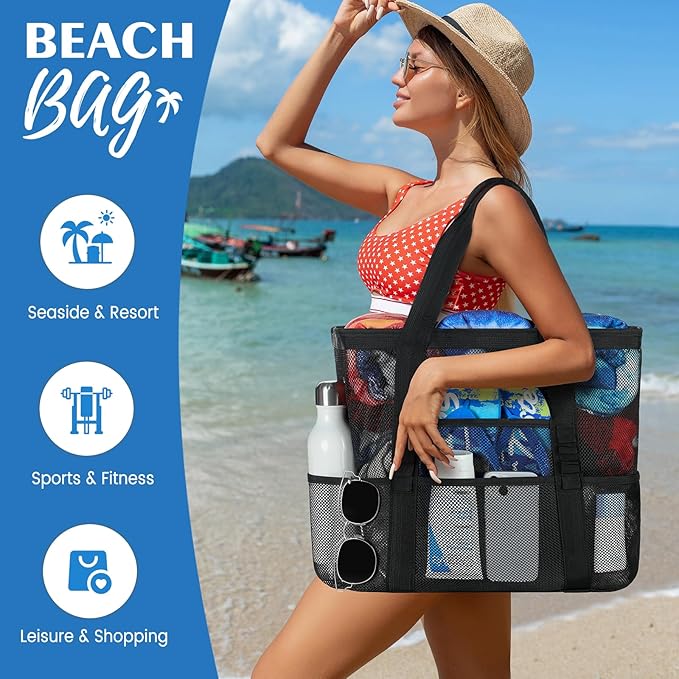 Beach Bag - Mesh Beach Bag Large 8 Pockets, Beach Tote Bag Beach Essentials for Vacation Must Haves