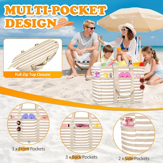 Large Beach Bag with Zipper, 12 Pockets Waterproof Sandproof Pool Bag Womens Mesh Beach Tote Bag for Travel Vacation