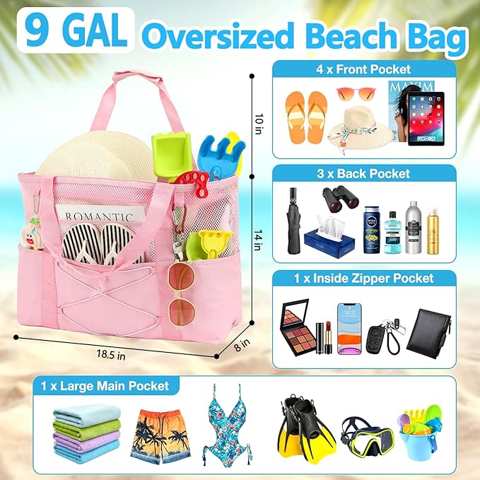 Mesh Beach Bag, Large Beach Tote with Zipper Pocket, Toys Pool Bag for Family Travel Vacation Cruise Essentials