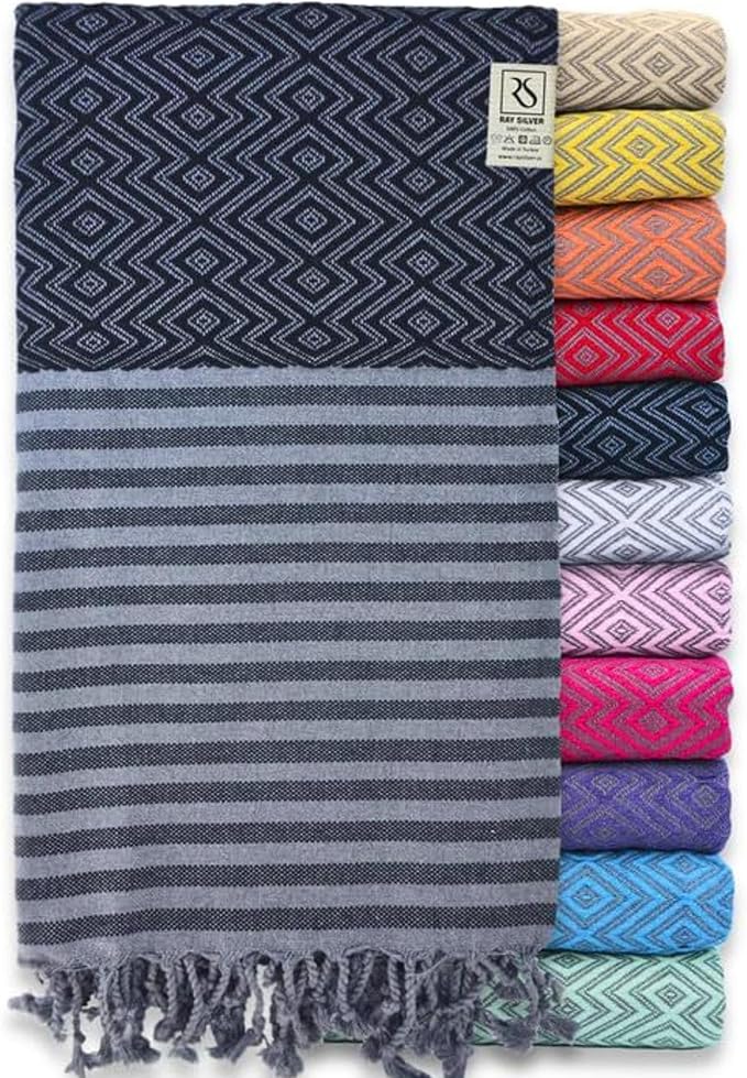 RAY SILVER Turkish Beach Towel – 100% Turkish Cotton 40"x71" Quick Dry Oversized Beach Towel Sand Free Lightweight Turkish Towel for Travel Camping Bath Sauna Beach Pool Gym Yoga