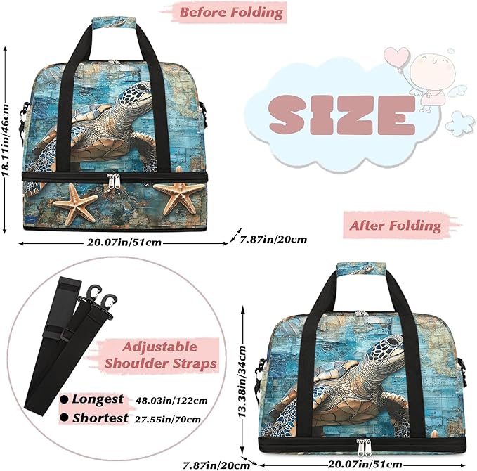 Foldable Travel Duffel Bag for Women - Carry on Personal Item Bag with Shoes Compartment, Weekender Overnight Duffle Bags Sport Tote Gym Luggage for Airplanes Traveling(Turtle)