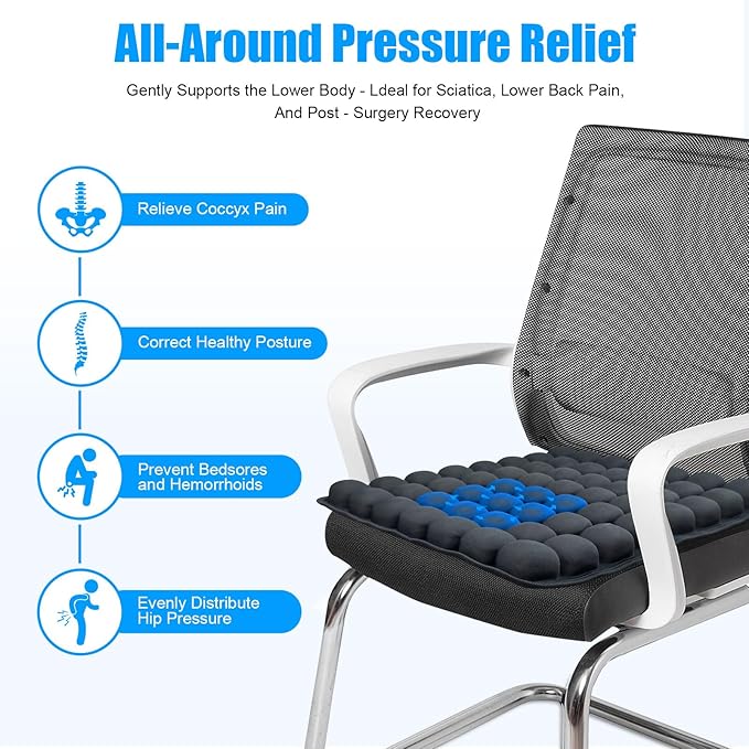 56 3D Air Cell Seat Cushion, Inflatable Travel Seat Cushion for Airplane,Office Chair, Wheelchair, Cars, Home Living, Comfortable Pressure Relief Tailbone Pain Relief (Black, 16"x18")