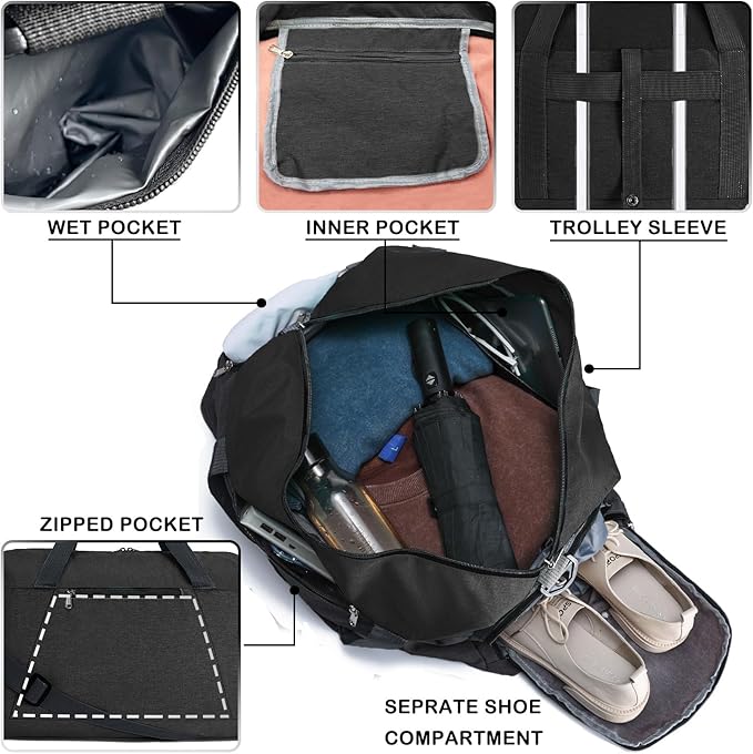 Gym Bags for Women Men with Wet & Shoe Compartment, 40L Foldable Travel Duffle Bag, Lightweight Weekender Overnight Duffel Bag for Traveling Sports Gym (Black)