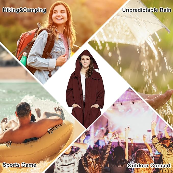 LAMA Womens Long Raincoats Rain Jacket Waterproof Packable Hooded Windbreaker Lightweight Adjustable Waist for Outdoor