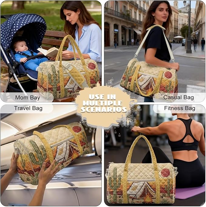 COEQINE Brown Desert Cactus Print Quilted Bag Light Weight Travel Duffel bag with Large Loading Capacity, Duffel bag with Shoulder Strap for Travel Camping Sports