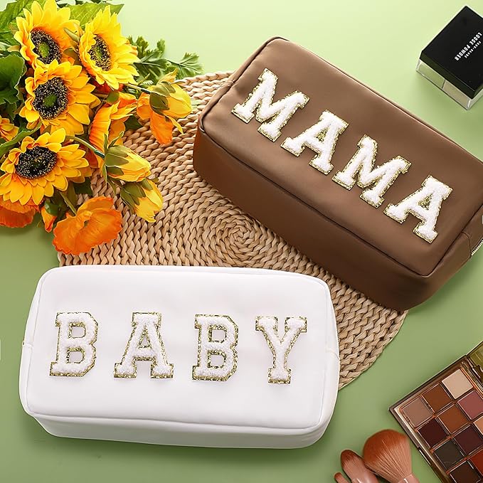 Sanwuta 2 Pieces Mama Gifts Makeup Bag Mom Pouch Birthday Gifts Nylon Cosmetic Bag Mothers Day Appreciation Toiletry Preppy Patch Chenille Letter for Women Her New Mom(Camel, White,Baby and Mama)